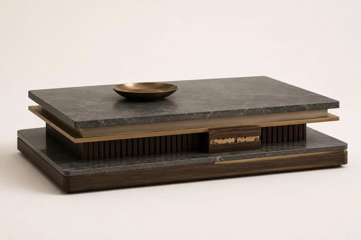 Palazzo — Layered grey marble, walnut, bronze detail
