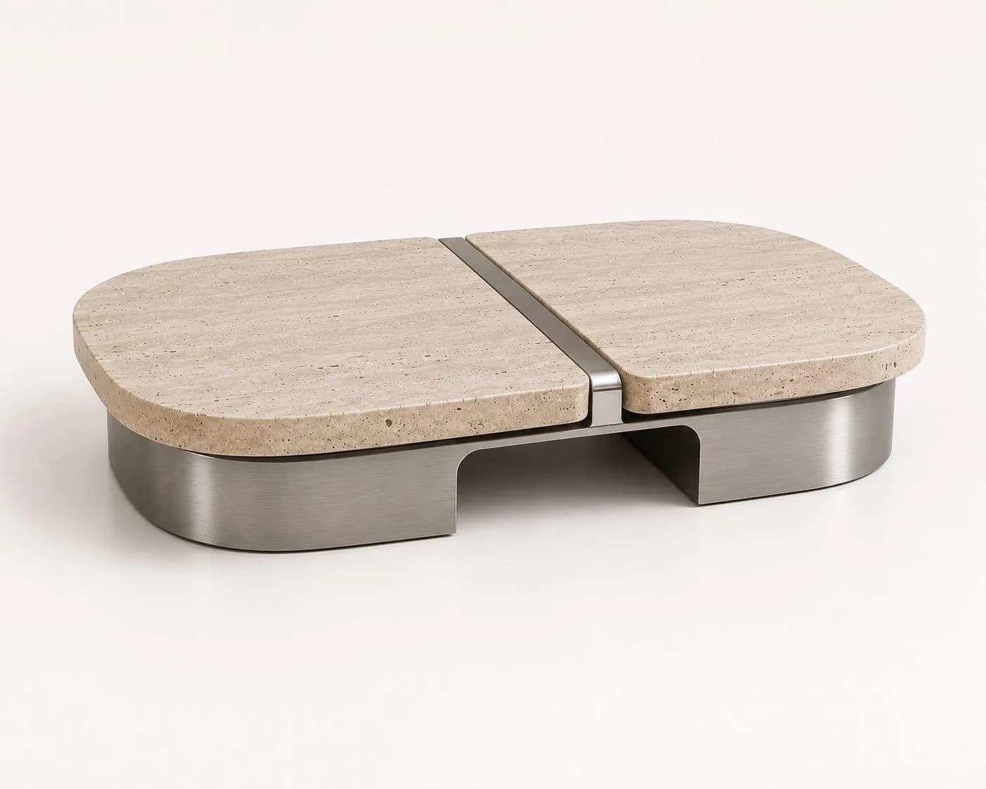 Gemini — Twin travertine tops, brushed steel base