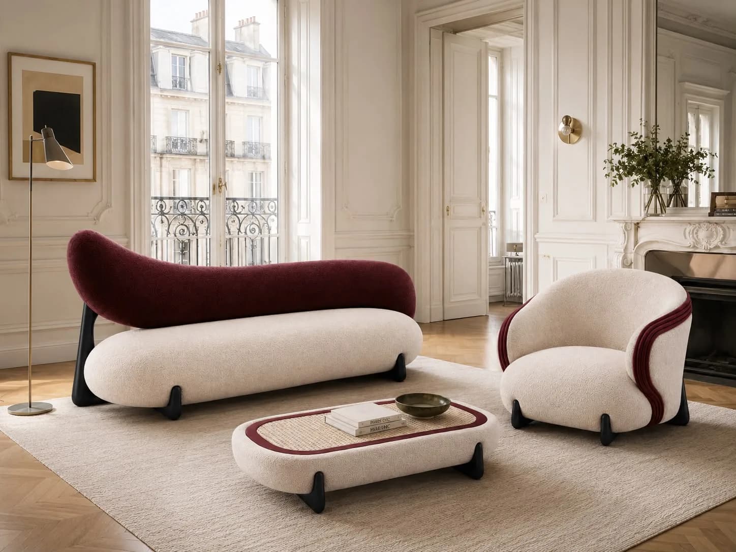 RUBIA — Cream bouclé & burgundy velvet