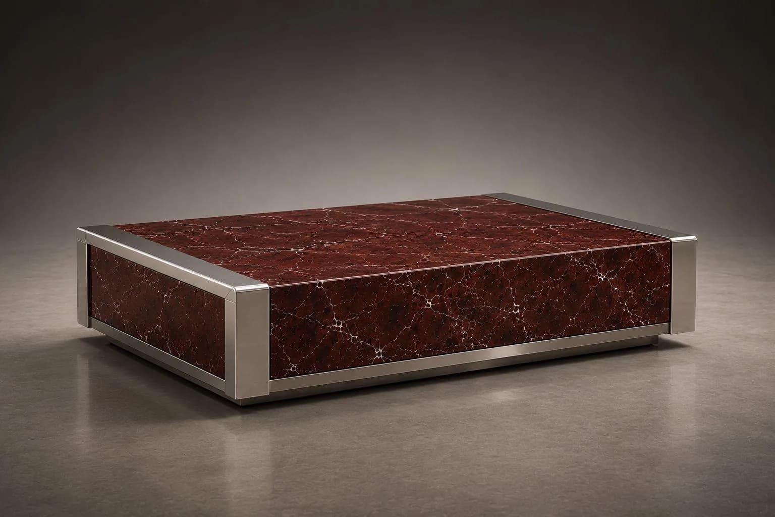 Garnet — Oxblood marble body, steel corner profiles